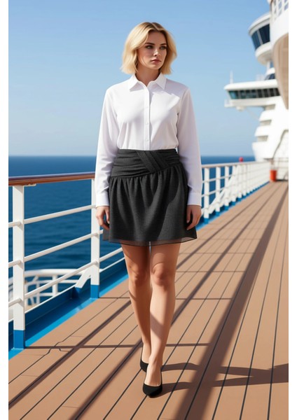 Kadın Puantiye Desenli Mini Tül Örme Etek Yüksek Beli Büzgülü Kalıp Fonksiyonel Dayanıklı Şık