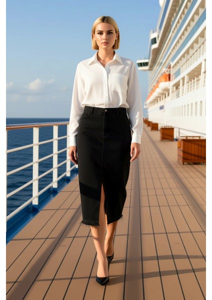 Kadın Yüksek Bel Ön Yırtmaçlı Midi Denim Etek Fonksiyonel Dayanıklı Kaliteli Konforlu Spor