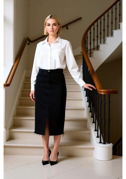 Kadın Yüksek Bel Ön Yırtmaçlı Midi Denim Etek Fonksiyonel Dayanıklı Kaliteli Konforlu Spor fiyatları