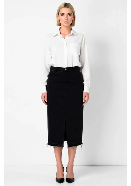 Kadın Yüksek Bel Ön Yırtmaçlı Midi Denim Etek Fonksiyonel Dayanıklı Kaliteli Konforlu Spor fırsatları