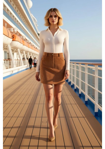 Kadın Yüksek Bel Düz Kadife Mini Etek Fonksiyonel Dayanıklı Kaliteli Konforlu Estetik Spor