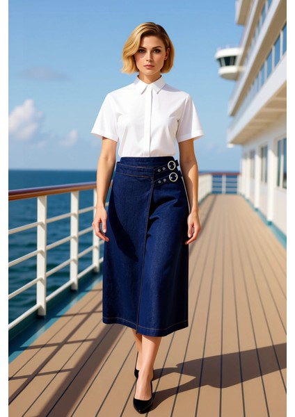 Kadın Düz Desen A Kesim Kalıp Midi Kruvaze Kemer Detaylı Denim Etek %100 Pamuk Rigid Dokuma