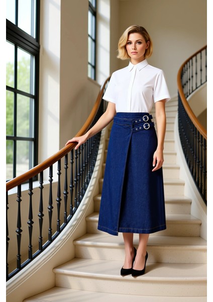 Kadın Düz Desen A Kesim Kalıp Midi Kruvaze Kemer Detaylı Denim Etek %100 Pamuk Rigid Dokuma fiyatları