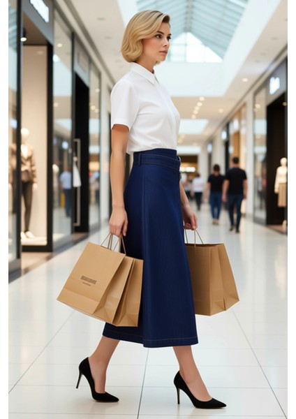 Kadın Düz Desen A Kesim Kalıp Midi Kruvaze Kemer Detaylı Denim Etek %100 Pamuk Rigid Dokuma modelleri