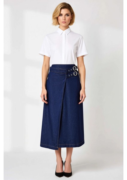 Kadın Düz Desen A Kesim Kalıp Midi Kruvaze Kemer Detaylı Denim Etek %100 Pamuk Rigid Dokuma fırsatları