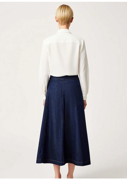 Kadın Düz Desen A Kesim Kalıp Midi Kruvaze Kemer Detaylı Denim Etek %100 Pamuk Rigid Dokuma indirimleri