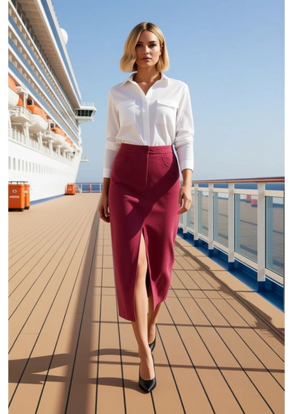 Kadın Düz Desen Yüksek Bel Önden Yırtmaç Detaylı Midi Boy Kalem Kesim Süet Görünümlü Örme Etek