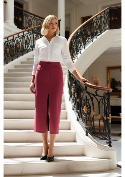 Kadın Düz Desen Yüksek Bel Önden Yırtmaç Detaylı Midi Boy Kalem Kesim Süet Görünümlü Örme Etek fiyatları