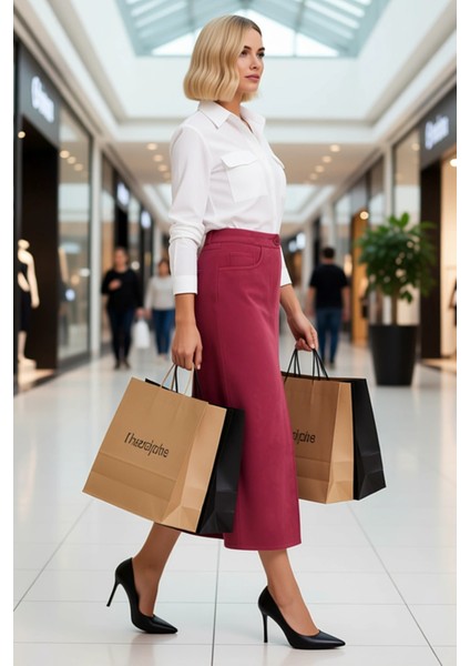 Kadın Düz Desen Yüksek Bel Önden Yırtmaç Detaylı Midi Boy Kalem Kesim Süet Görünümlü Örme Etek modelleri