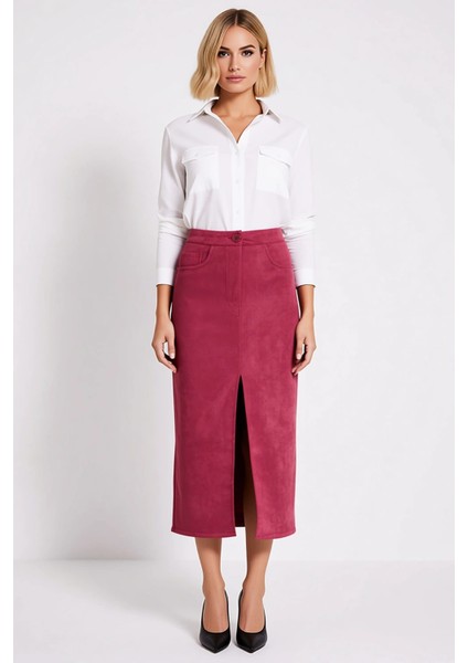 Kadın Düz Desen Yüksek Bel Önden Yırtmaç Detaylı Midi Boy Kalem Kesim Süet Görünümlü Örme Etek fırsatları