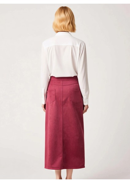 Kadın Düz Desen Yüksek Bel Önden Yırtmaç Detaylı Midi Boy Kalem Kesim Süet Görünümlü Örme Etek indirimleri