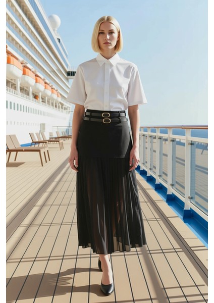 Kadın Midi Pilili Şifon Etek Yüksek Bel A Kesim %100 Polyester Fonksiyonel Dayanıklı Rahat