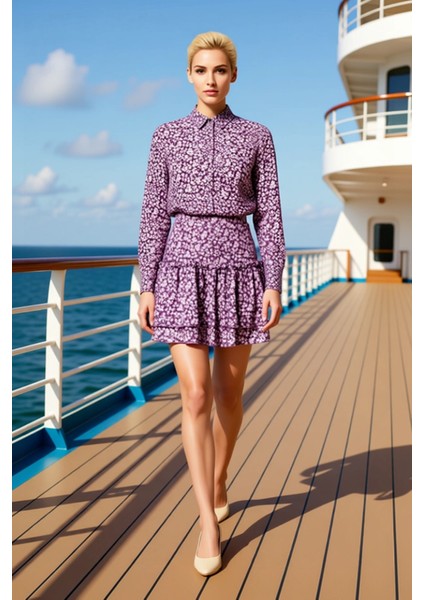 Kadın Mini Etek Yüksek Bel Fırfırlı Kalıp Çiçek Desenli %96 Polyester %4 Elastan Dayanıklı