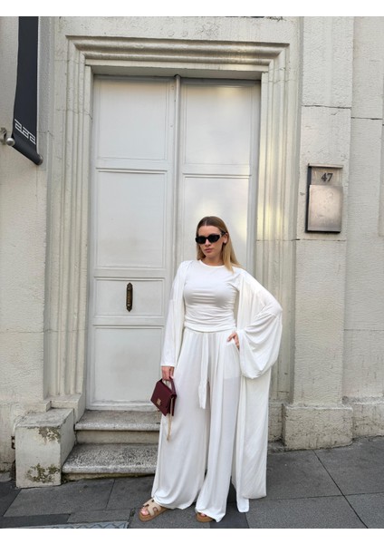 Kadın Viskon 3’lü Takım – Kimono + Beli Lastikli Salaş Pantolon + Kısa Kol (Tshirt) – 8 Renk