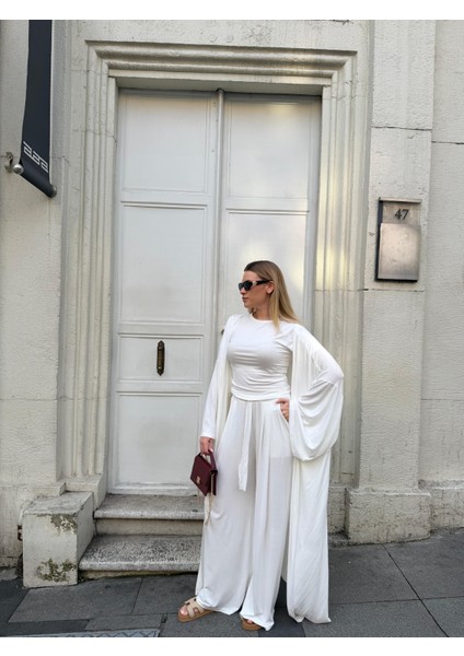 Kadın Viskon 3’lü Takım – Kimono + Beli Lastikli Salaş Pantolon + Kısa Kol (Tshirt) – 8 Renk fırsatları