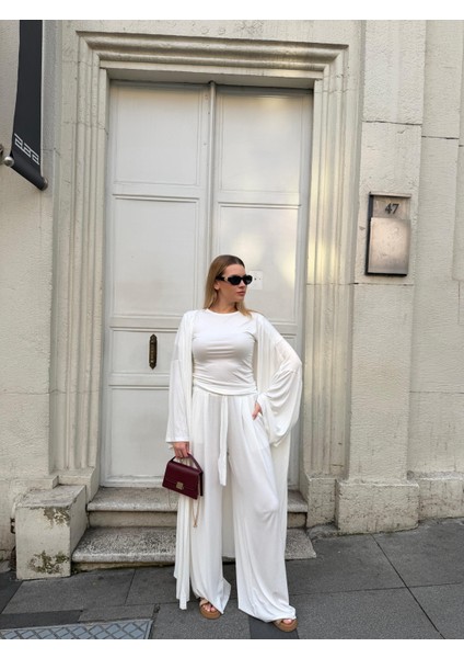 Kadın Viskon 3’lü Takım – Kimono + Beli Lastikli Salaş Pantolon + Kısa Kol (Tshirt) – 8 Renk indirimleri