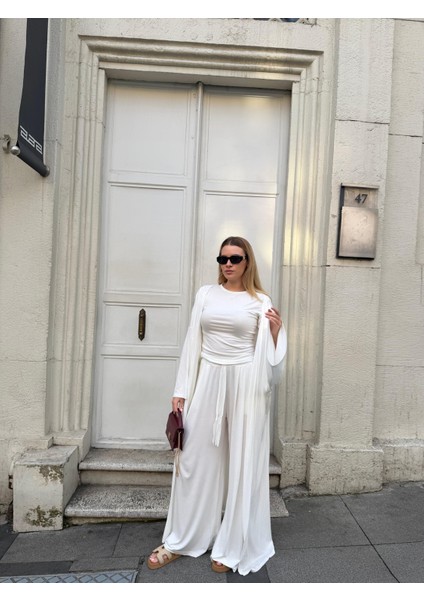 Kadın Viskon 3’lü Takım – Kimono + Beli Lastikli Salaş Pantolon + Kısa Kol (Tshirt) – 8 Renk