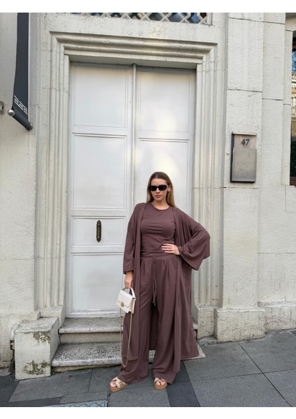 Kadın Viskon 3’lü Takım – Kimono + Beli Lastikli Salaş Pantolon + Sıfır Kol (Kolsuz) – 8 Renk