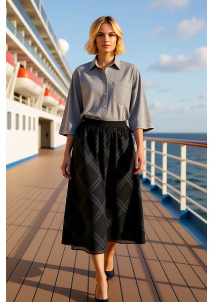 Kadın A Kesim Yüksek Bel Ekose Desenli Maxi Etek Fonksiyonel Dayanıklı Kaliteli Konforlu Şık