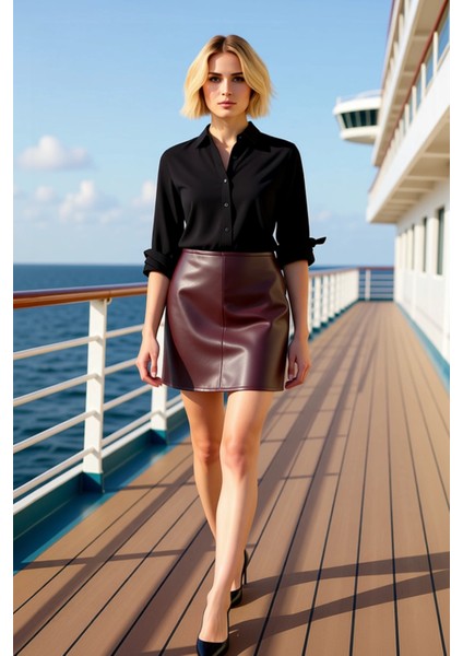 Kadın Yüksek Bel Fermuarlı Suni Deri Mini Etek Fonksiyonel Dayanıklı Kaliteli Konforlu Şık