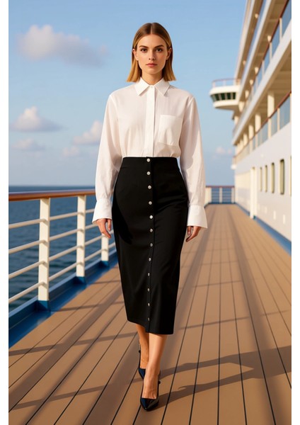 Kadın Düz Midi Dokuma Etek Yüksek Bel Düğme Detaylı Fonksiyonel Dayanıklı Kaliteli Estetik