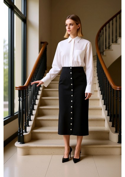 Kadın Düz Midi Dokuma Etek Yüksek Bel Düğme Detaylı Fonksiyonel Dayanıklı Kaliteli Estetik fiyatları