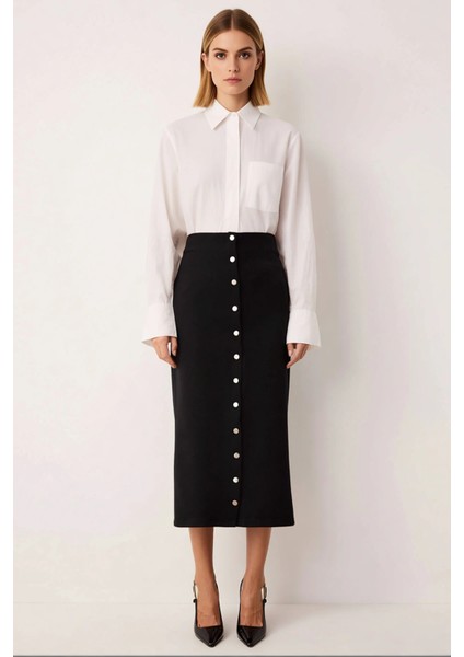 Kadın Düz Midi Dokuma Etek Yüksek Bel Düğme Detaylı Fonksiyonel Dayanıklı Kaliteli Estetik fırsatları