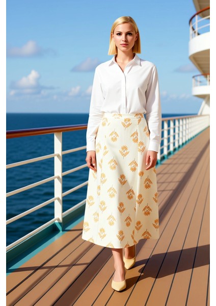 Kadın A Line Midi Etek Yüksek Bel Çiçek Desenli Dokuma %50 Keten %50 Pamuk Fonksiyonel Şık