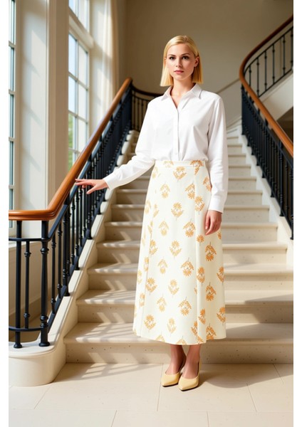 Kadın A Line Midi Etek Yüksek Bel Çiçek Desenli Dokuma %50 Keten %50 Pamuk Fonksiyonel Şık fiyatları