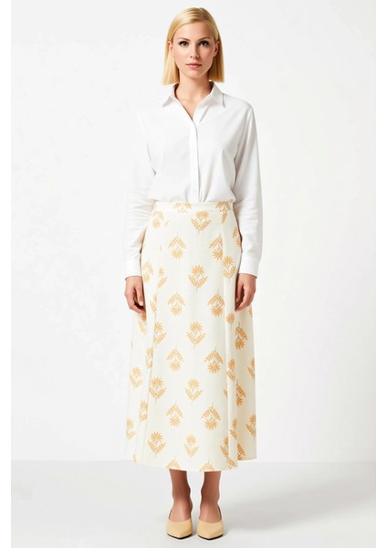 Kadın A Line Midi Etek Yüksek Bel Çiçek Desenli Dokuma %50 Keten %50 Pamuk Fonksiyonel Şık modelleri