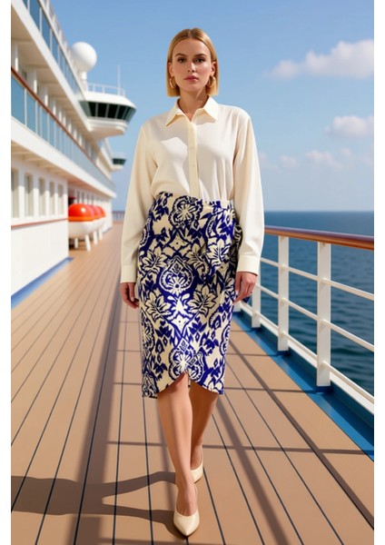 Kadın Etnik Desenli Bağlama Detaylı Dokuma Kumaş Rahat Kalıp Anvelop Kesim Midi Boy Etek Şık