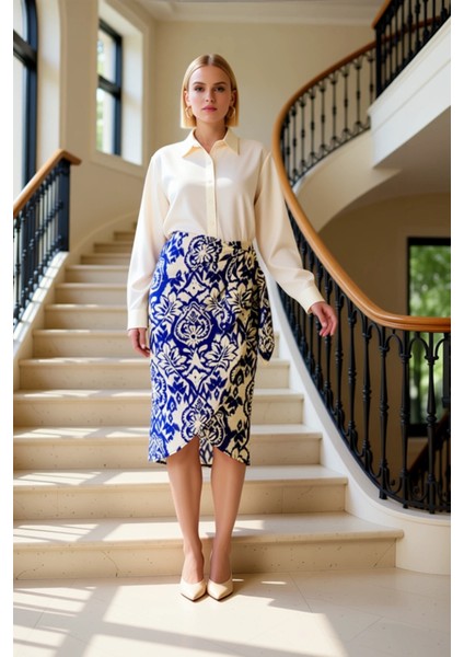 Kadın Etnik Desenli Bağlama Detaylı Dokuma Kumaş Rahat Kalıp Anvelop Kesim Midi Boy Etek Şık fiyatları