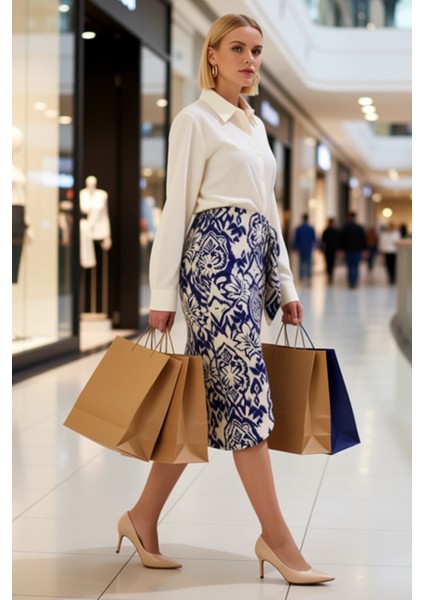 Kadın Etnik Desenli Bağlama Detaylı Dokuma Kumaş Rahat Kalıp Anvelop Kesim Midi Boy Etek Şık modelleri