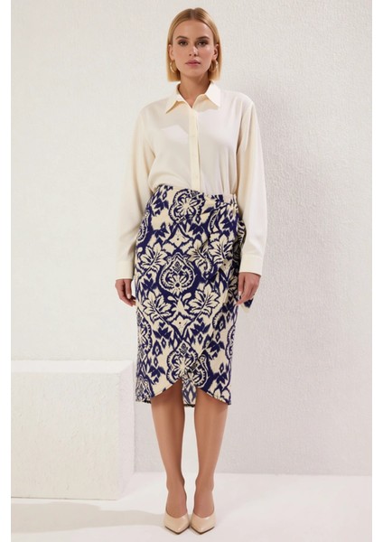 Kadın Etnik Desenli Bağlama Detaylı Dokuma Kumaş Rahat Kalıp Anvelop Kesim Midi Boy Etek Şık fırsatları