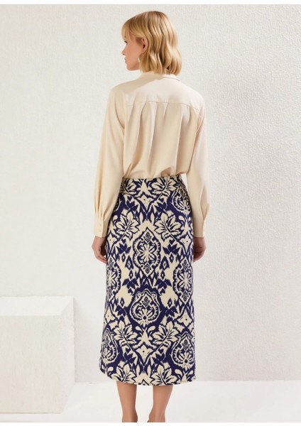 Kadın Etnik Desenli Bağlama Detaylı Dokuma Kumaş Rahat Kalıp Anvelop Kesim Midi Boy Etek Şık indirimleri