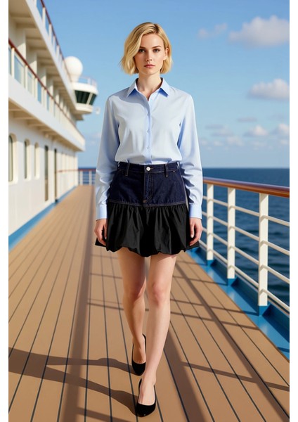 Kadın 100 Pamuk Rigid Dokuma Denim Kumaş Renk Bloklu Yüksek Bel Mini Fırfırlı Balon Etek Tasarımı