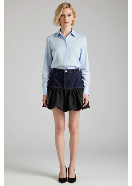 Kadın 100 Pamuk Rigid Dokuma Denim Kumaş Renk Bloklu Yüksek Bel Mini Fırfırlı Balon Etek Tasarımı fırsatları