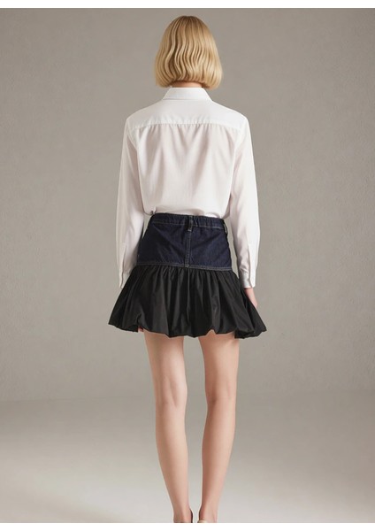 Kadın 100 Pamuk Rigid Dokuma Denim Kumaş Renk Bloklu Yüksek Bel Mini Fırfırlı Balon Etek Tasarımı indirimleri