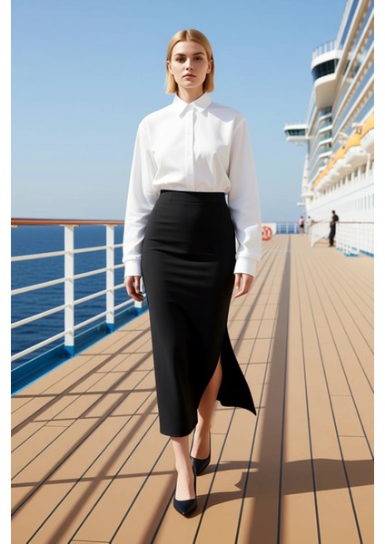 Kadın Yüksek Bel Yırtmaçlı Kalem Kalıp Maxi Etek Fonksiyonel Dayanıklı Kaliteli Konforlu Şık