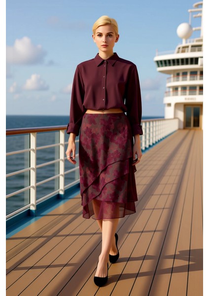 Kadın A Line Midi Etek Fırfırlı Asimetrik Kesim %94 Polyester %6 Elastan Fonksiyonel Rahat