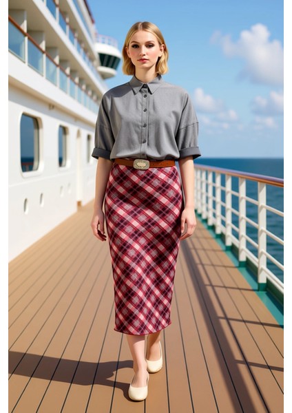 Kadın Kalem Yüksek Bel Ekose Desenli Maxi Örme Etek %99 Polyester %1 Elastan Fonksiyonel Şık