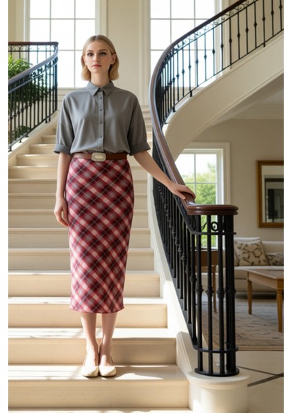 Kadın Kalem Yüksek Bel Ekose Desenli Maxi Örme Etek %99 Polyester %1 Elastan Fonksiyonel Şık fiyatları