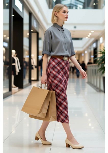 Kadın Kalem Yüksek Bel Ekose Desenli Maxi Örme Etek %99 Polyester %1 Elastan Fonksiyonel Şık modelleri