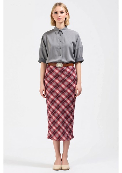 Kadın Kalem Yüksek Bel Ekose Desenli Maxi Örme Etek %99 Polyester %1 Elastan Fonksiyonel Şık fırsatları