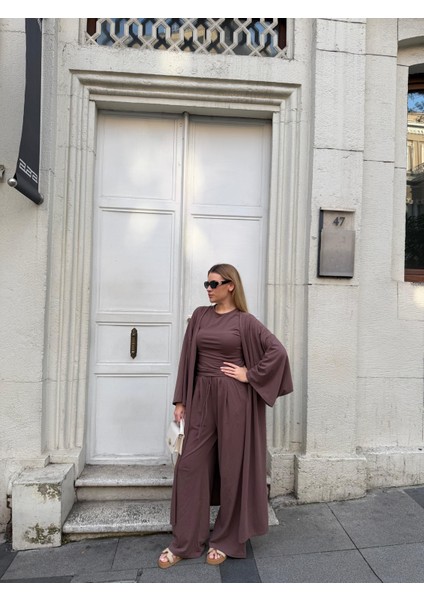 Kadın Viskon 3’lü Takım – Kimono + Beli Lastikli Salaş Pantolon + Sıfır Kol (Kolsuz) – 8 Renk