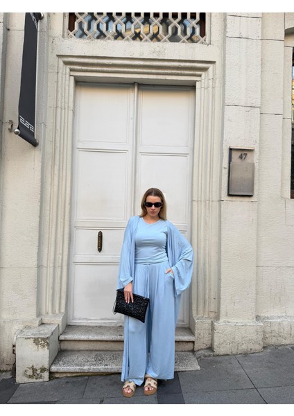 Kadın Viskon 3’lü Takım – Kimono + Beli Lastikli Salaş Pantolon + Sıfır Kol (Kolsuz) – 8 Renk