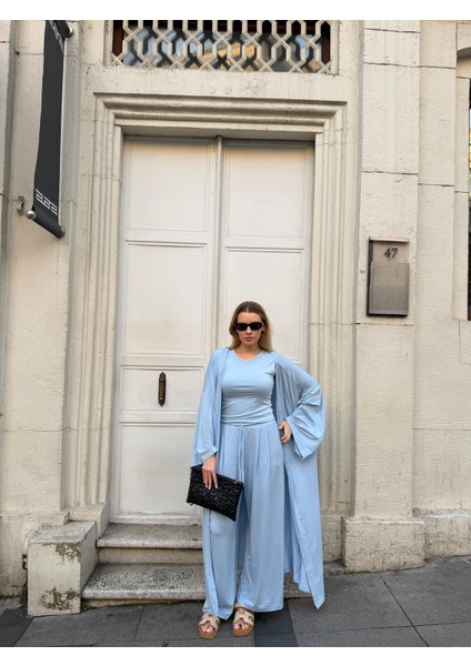 Kadın Viskon 3’lü Takım – Kimono + Beli Lastikli Salaş Pantolon + Sıfır Kol (Kolsuz) – 8 Renk fırsatları