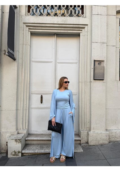 Kadın Viskon 3’lü Takım – Kimono + Beli Lastikli Salaş Pantolon + Sıfır Kol (Kolsuz) – 8 Renk indirimleri