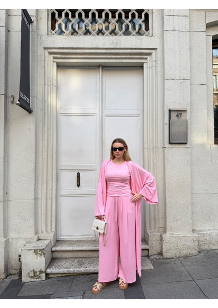 Kadın Viskon 3’lü Takım – Kimono + Beli Lastikli Salaş Pantolon + Sıfır Kol (Kolsuz) – 8 Renk