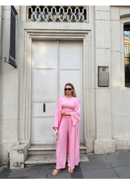 Kadın Viskon 3’lü Takım – Kimono + Beli Lastikli Salaş Pantolon + Sıfır Kol (Kolsuz) – 8 Renk fırsatları